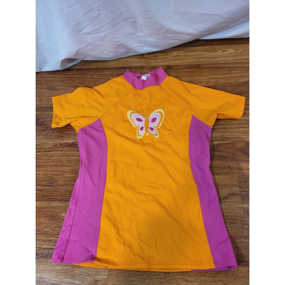 Lands End Size XL 16 Kids Orange & Pink Butterfly Rash Guard‎